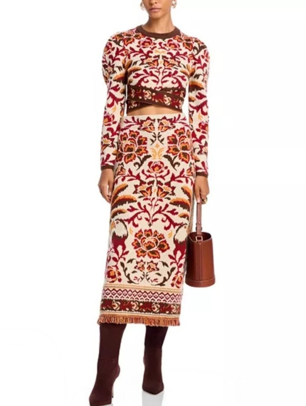 FARM RIO Cream Toucans Scarf Knit Dress Set Crop Sweater Top Midi Skirt S/M NWT